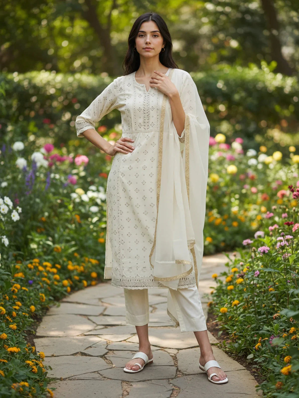 Chanderi Embroidered Straight Calf Length Kurta with Pant and Dupatta