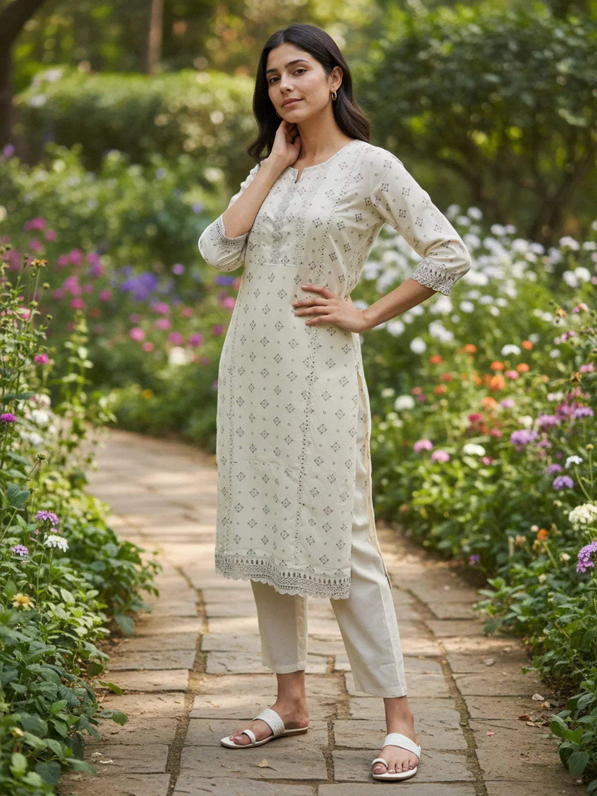 Chanderi Embroidered Straight Calf Length Kurta with Pant and Dupatta