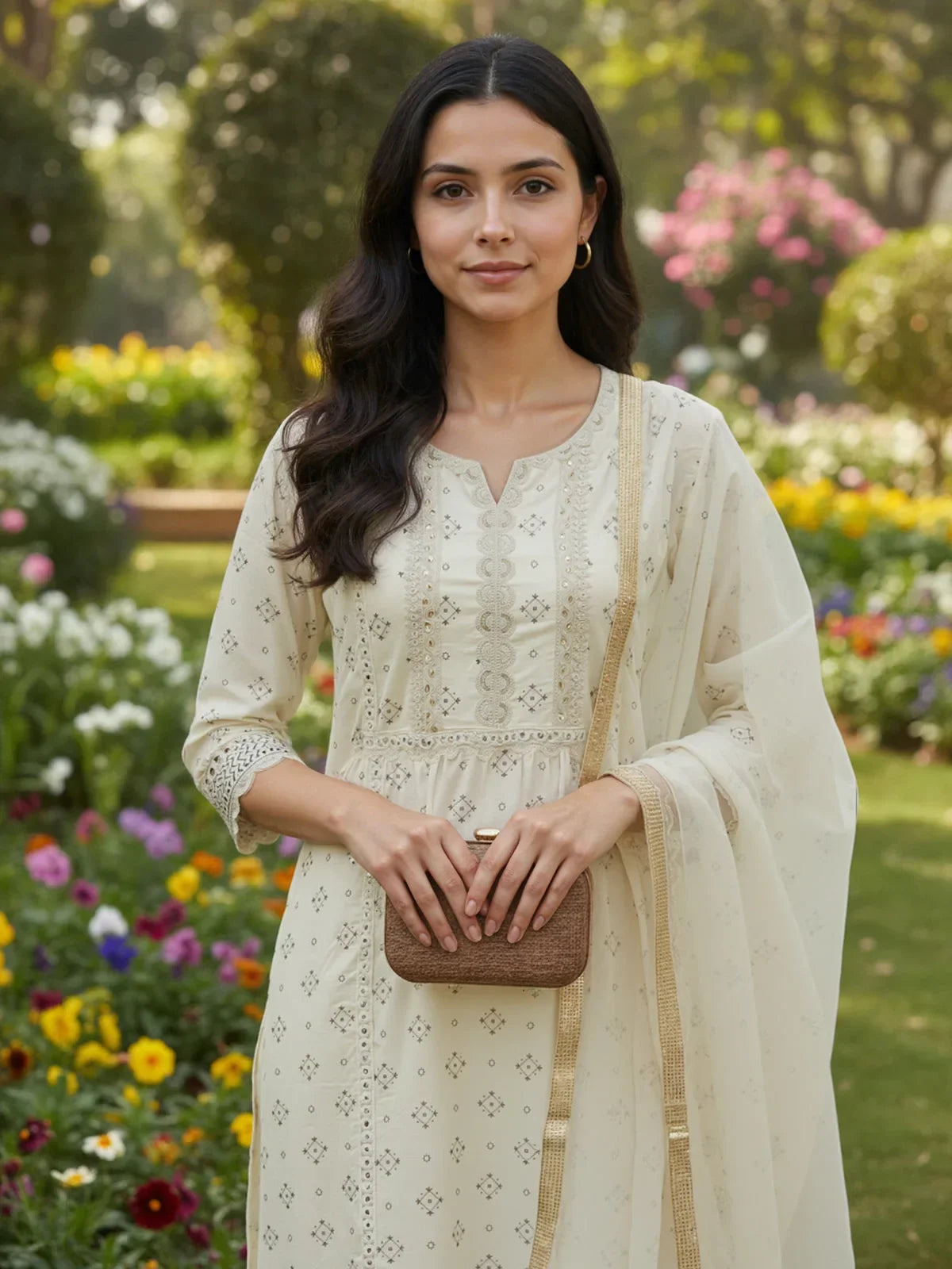 Chanderi Embroidered Straight Calf Length Kurta with Pant and Dupatta