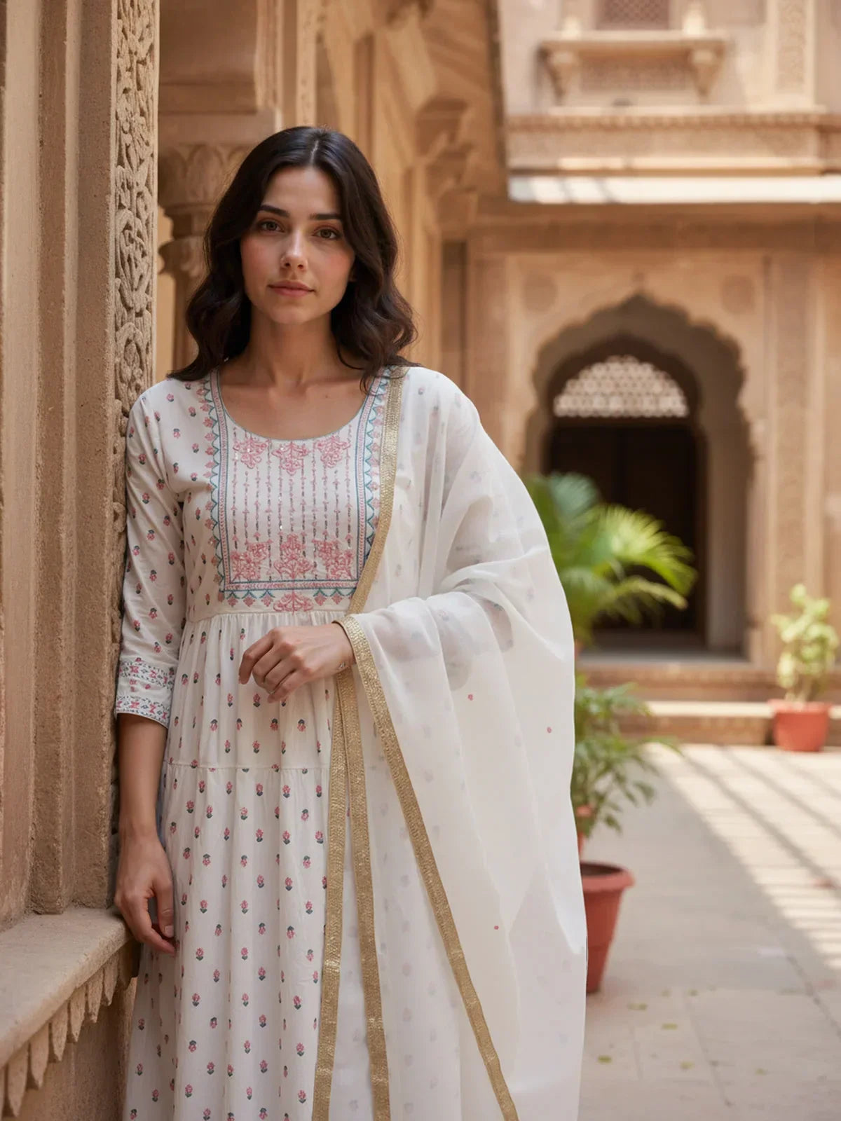 Cotton Embroidered Anarkali Calf Length Kurta with Pant and Dupatta