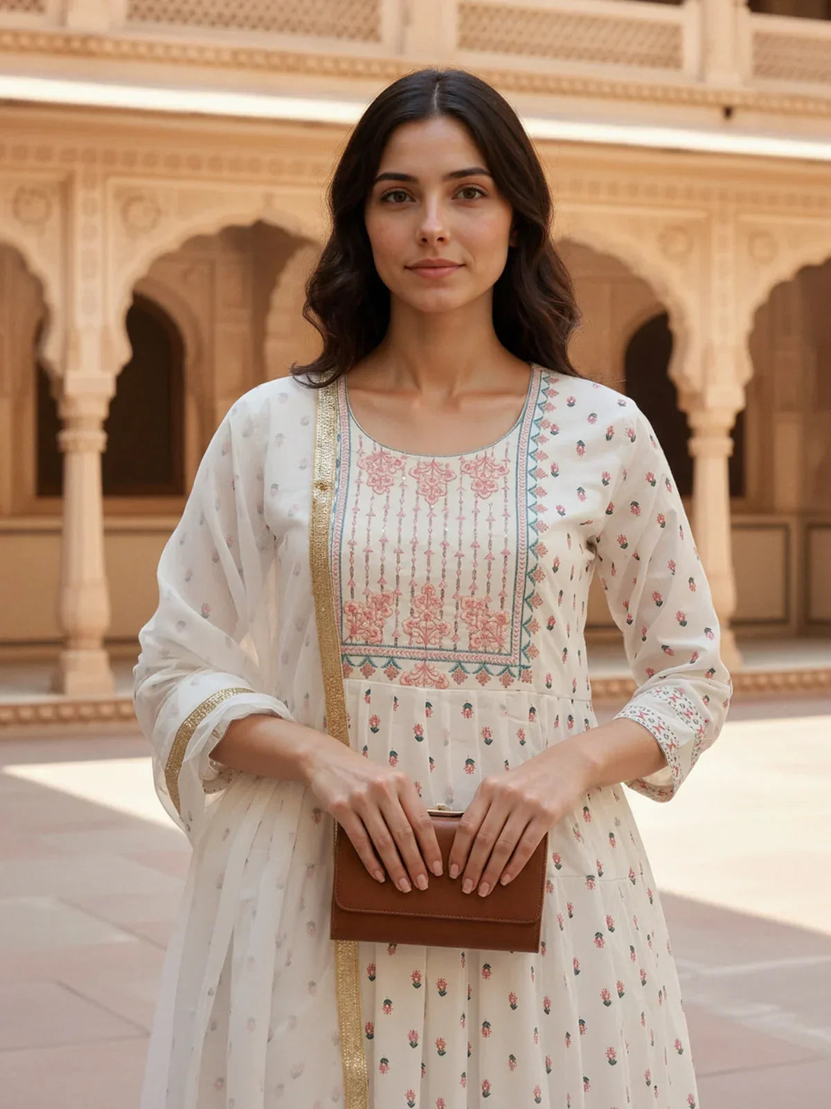 Cotton Embroidered Anarkali Calf Length Kurta with Pant and Dupatta