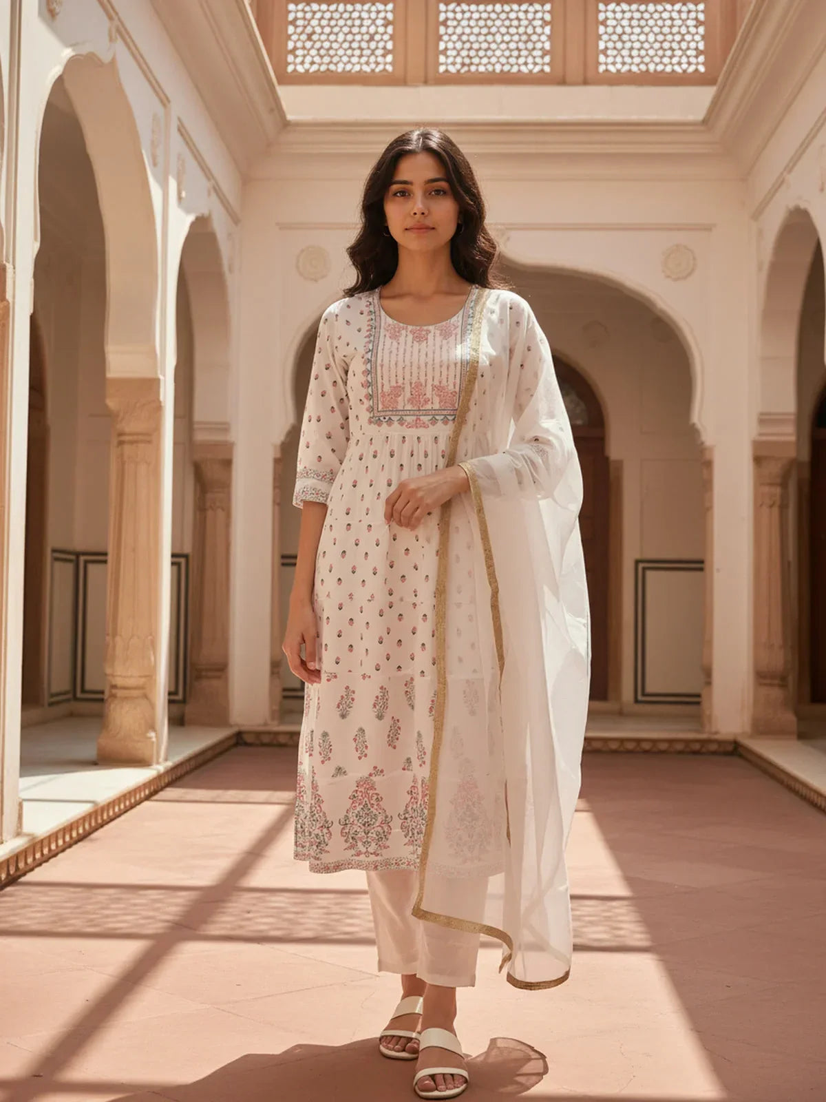 Cotton Embroidered Anarkali Calf Length Kurta with Pant and Dupatta