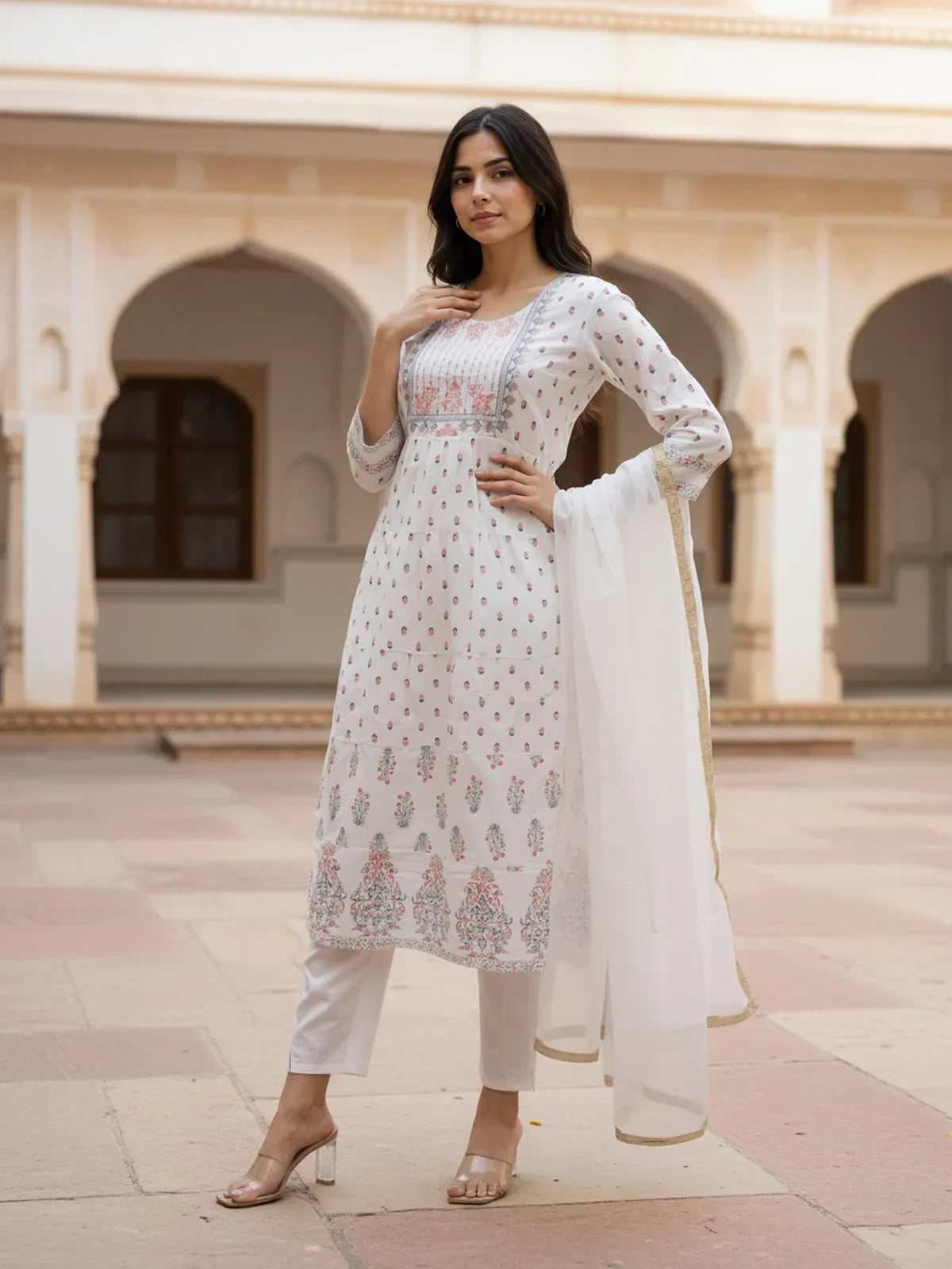 Cotton Embroidered Anarkali Calf Length Kurta with Pant and Dupatta