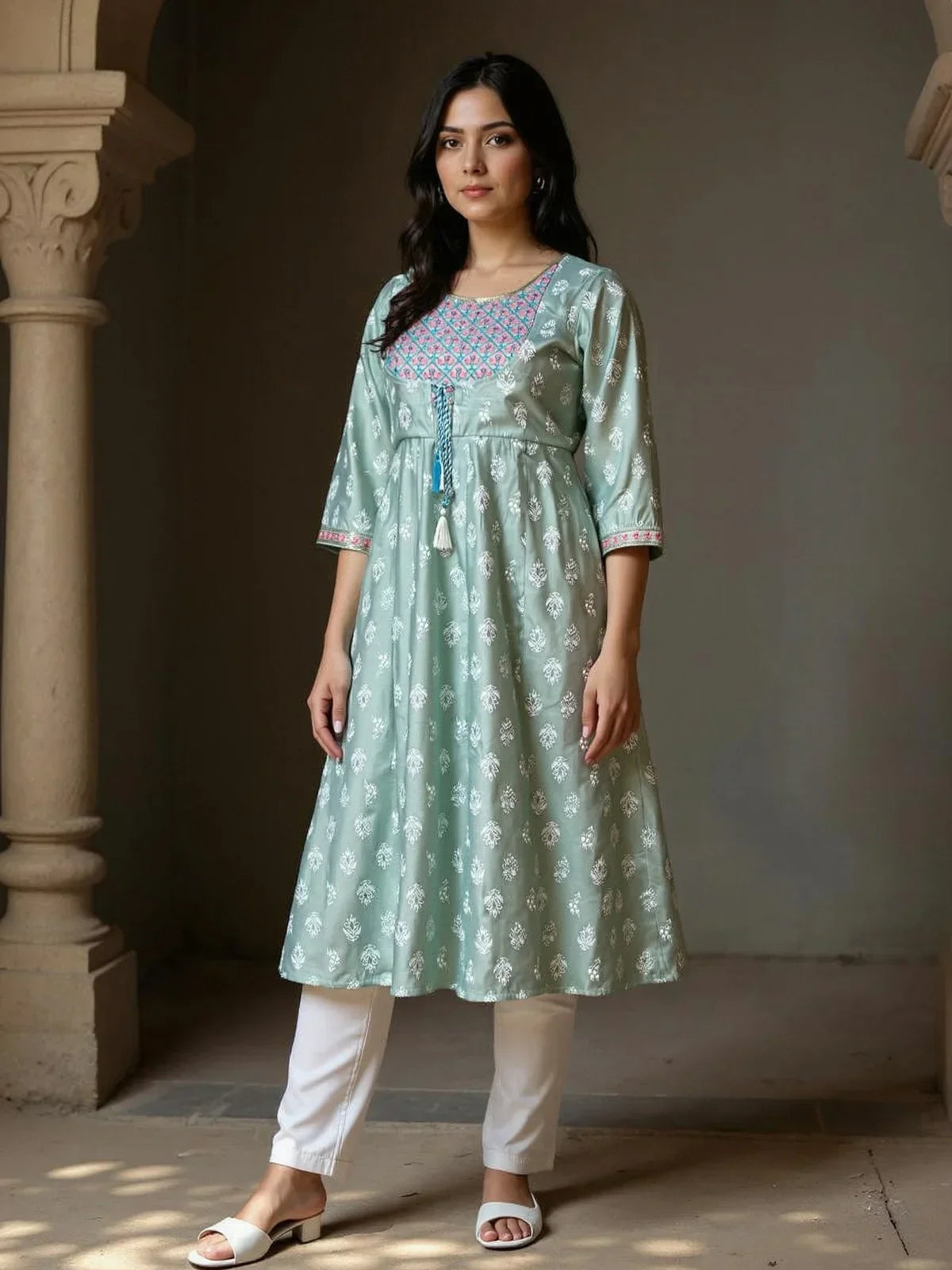 Chanderi Embroidered Flared Calf Length Kurta