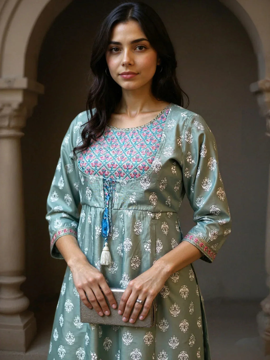 Chanderi Embroidered Flared Calf Length Kurta