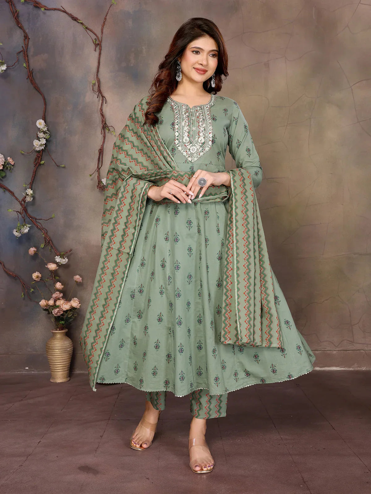 Cotton Embroidered Anarkali Calf Length Kurta with Pant and Dupatta