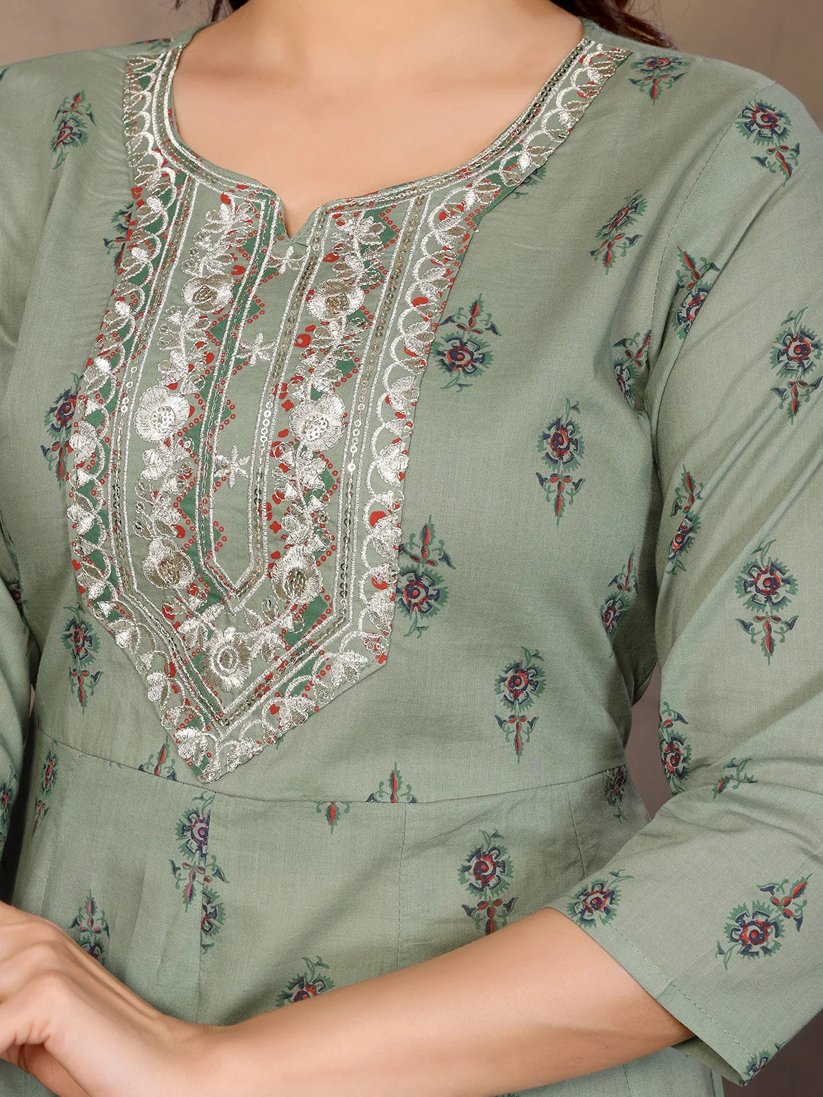 Cotton Embroidered Anarkali Calf Length Kurta with Pant and Dupatta
