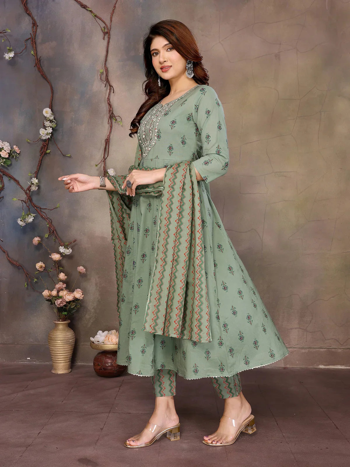 Cotton Embroidered Anarkali Calf Length Kurta with Pant and Dupatta