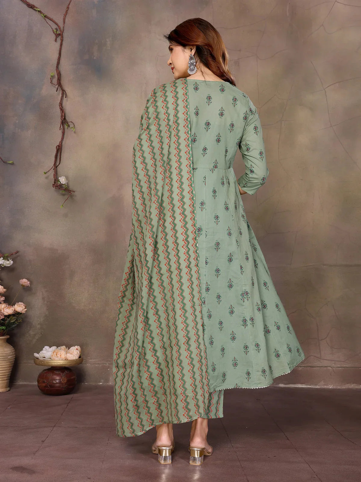 Cotton Embroidered Anarkali Calf Length Kurta with Pant and Dupatta