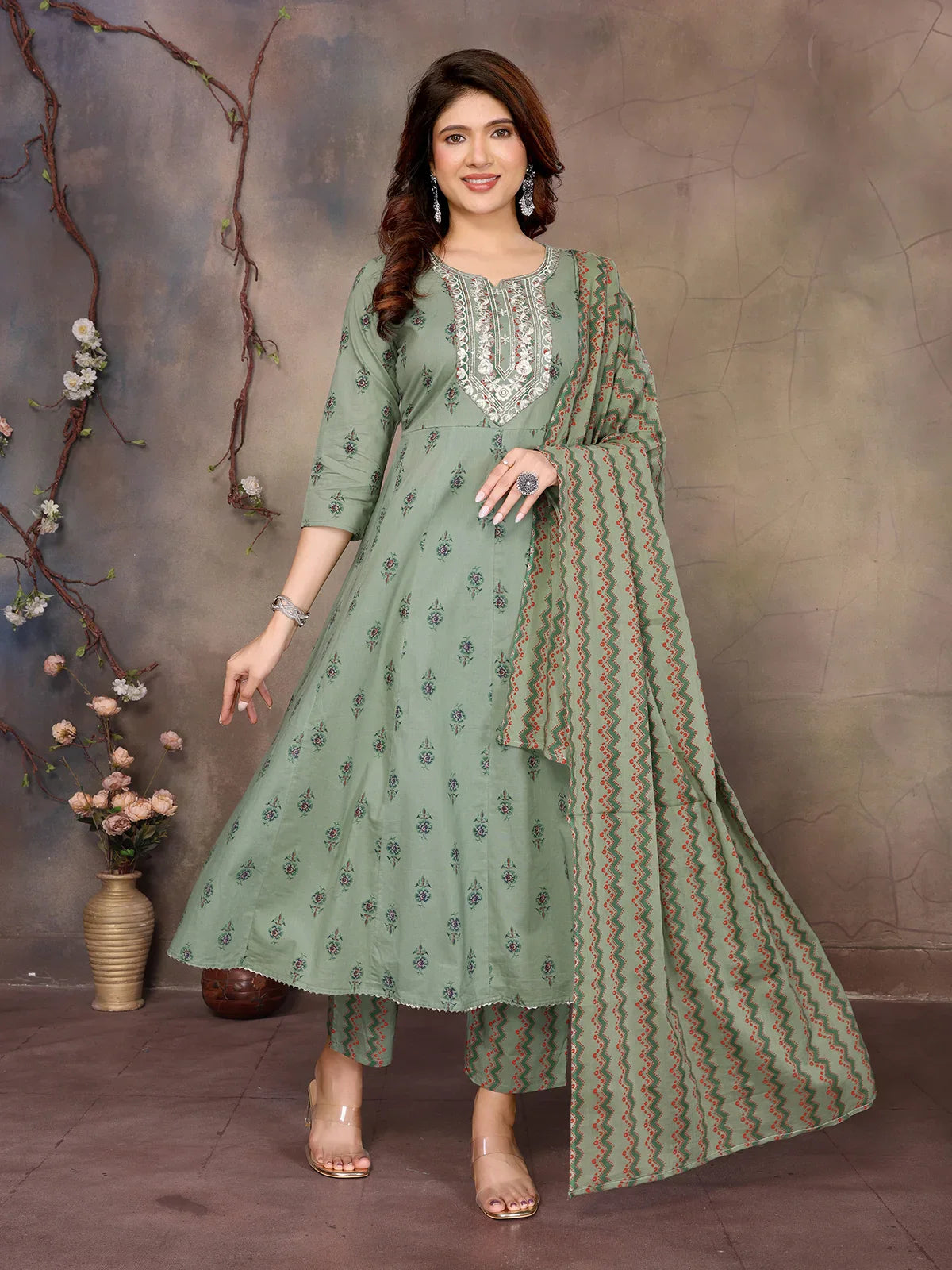 Cotton Embroidered Anarkali Calf Length Kurta with Pant and Dupatta