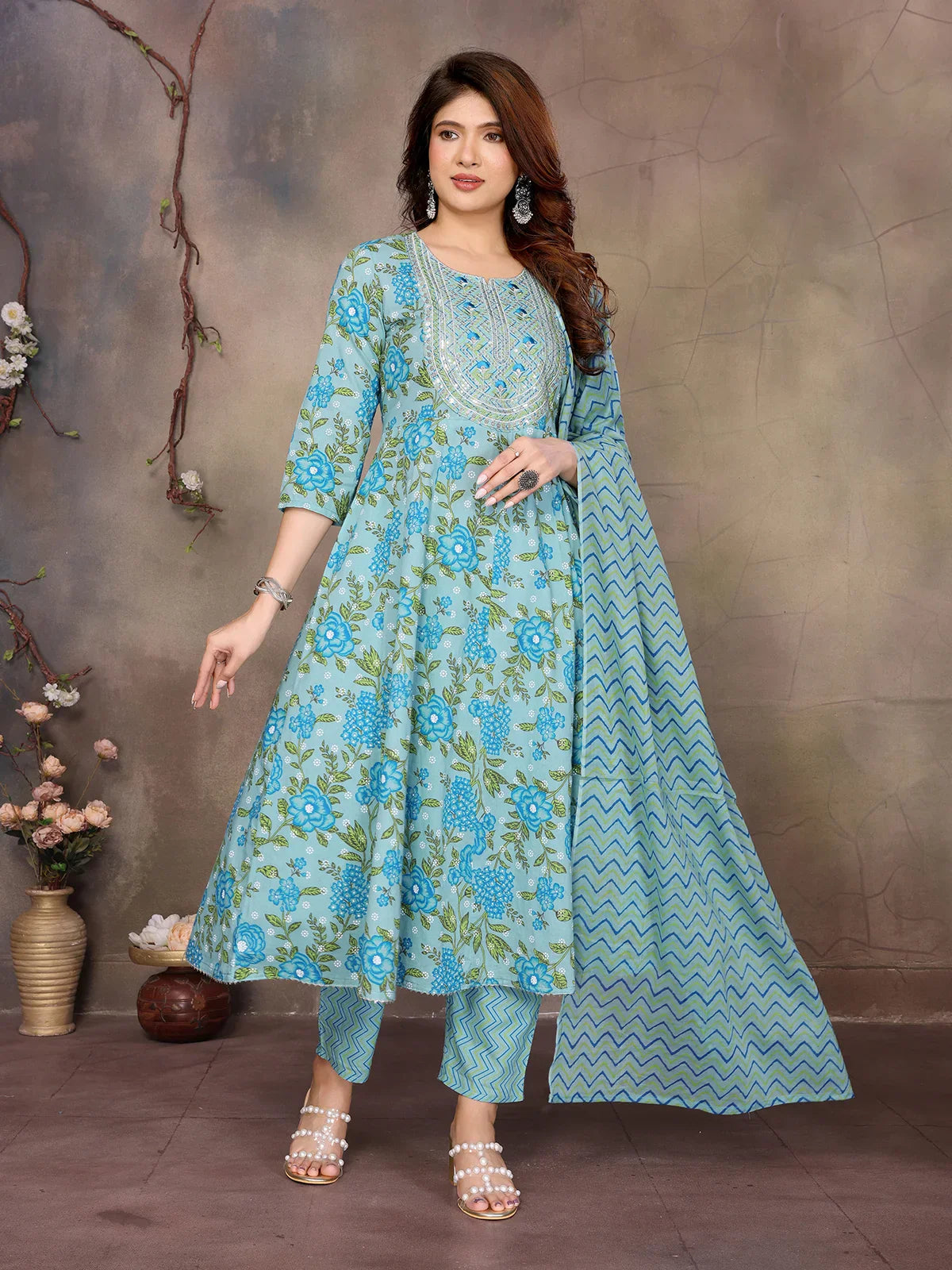 Cotton Embroidered Anarkali Calf Length Kurta with Pant and Dupatta