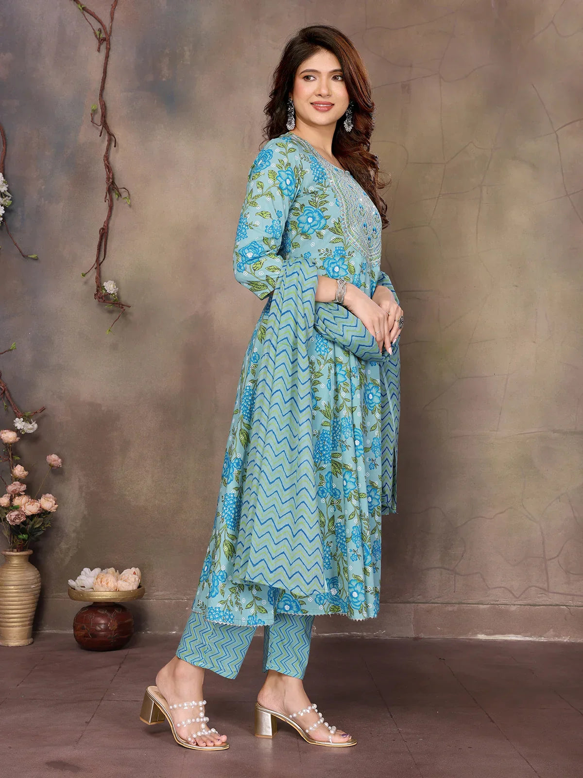 Cotton Embroidered Anarkali Calf Length Kurta with Pant and Dupatta