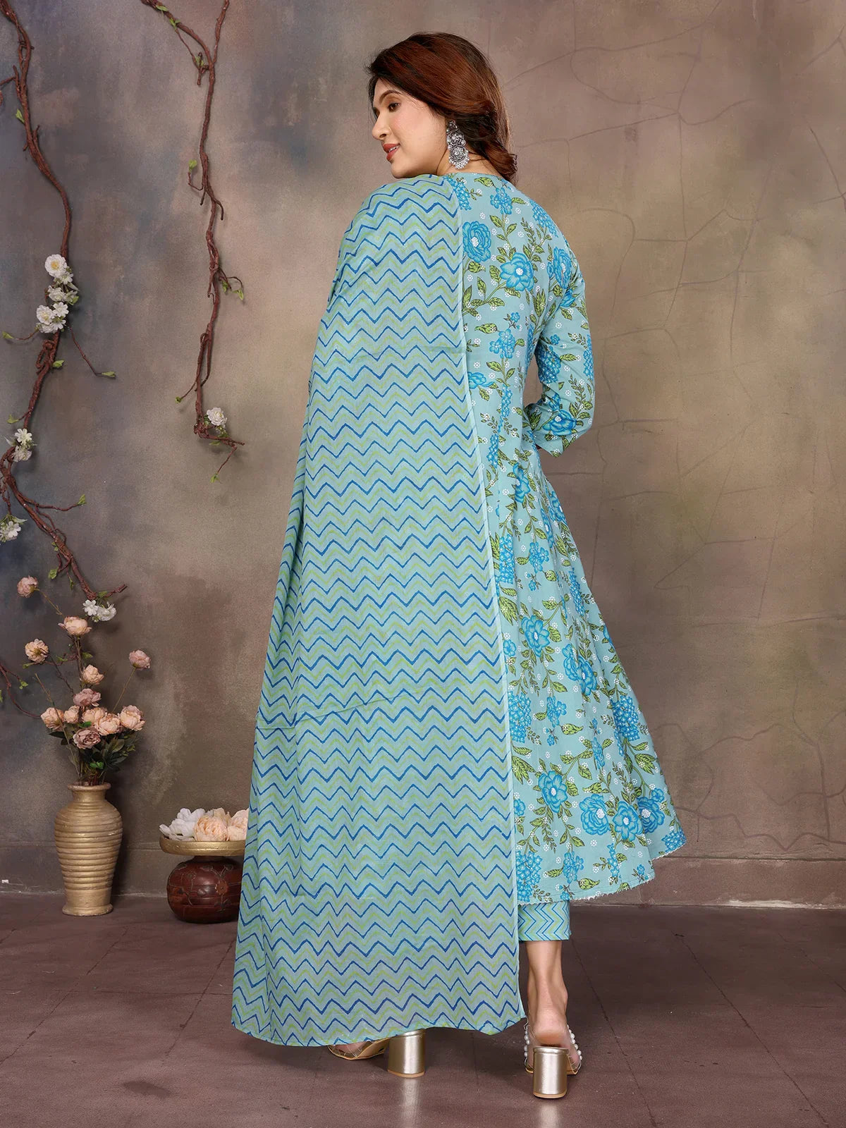 Cotton Embroidered Anarkali Calf Length Kurta with Pant and Dupatta