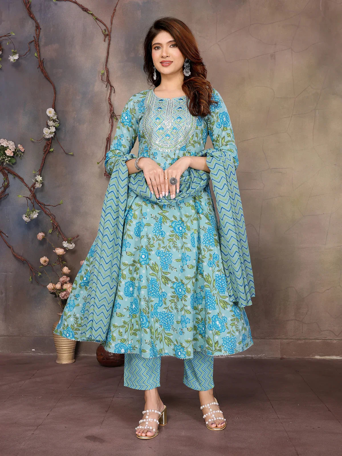 Cotton Embroidered Anarkali Calf Length Kurta with Pant and Dupatta
