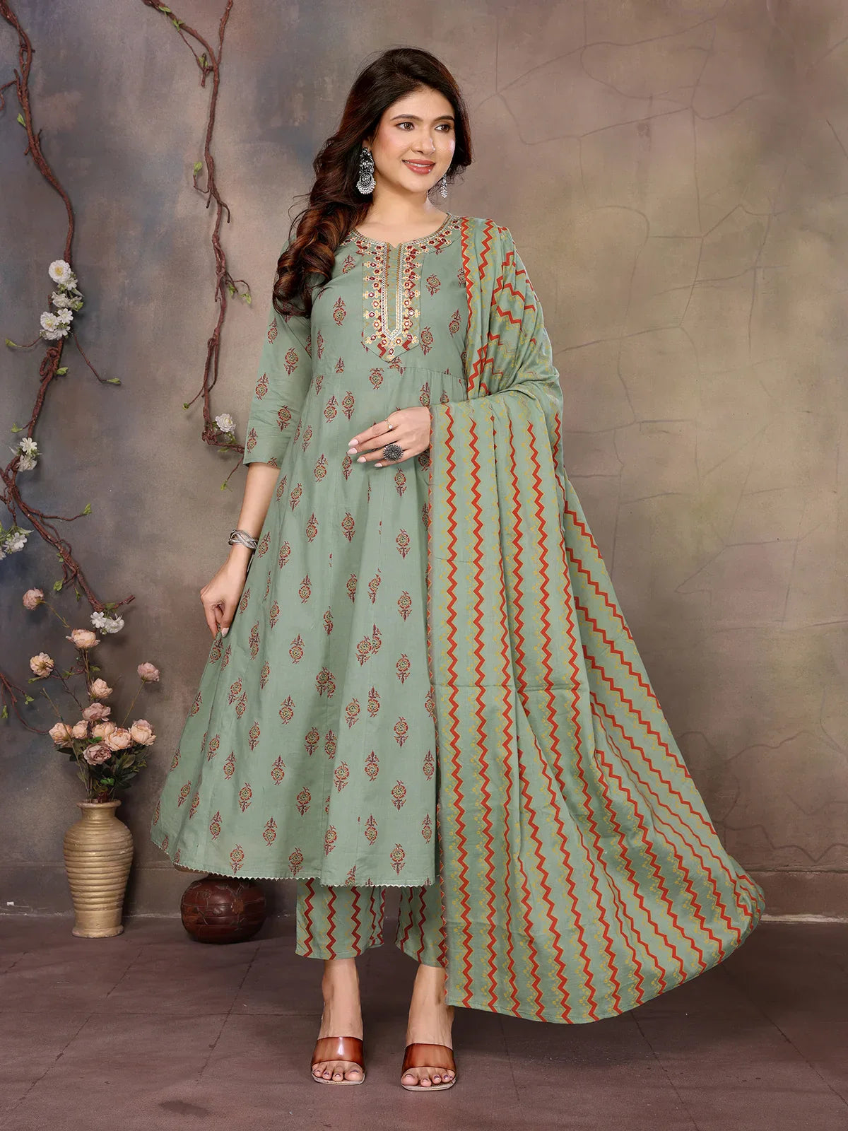 Cotton Embroidered Anarkali Calf Length Kurta with Pant and Dupatta