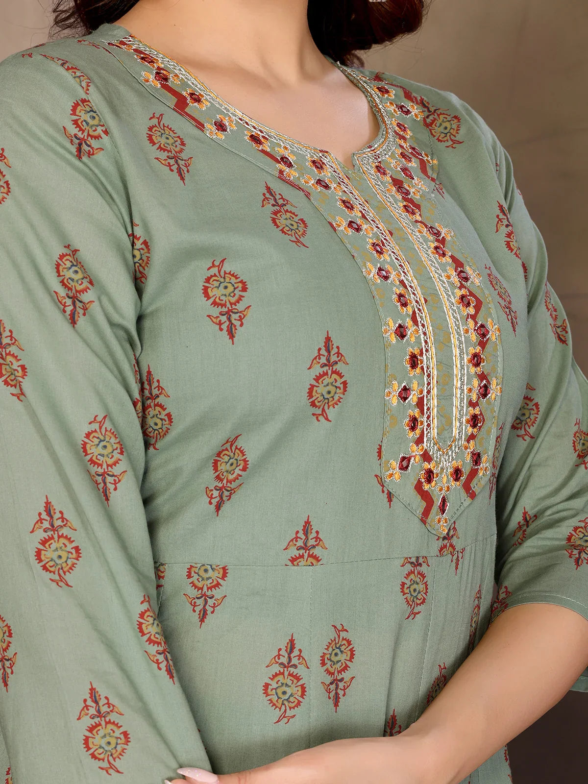 Cotton Embroidered Anarkali Calf Length Kurta with Pant and Dupatta