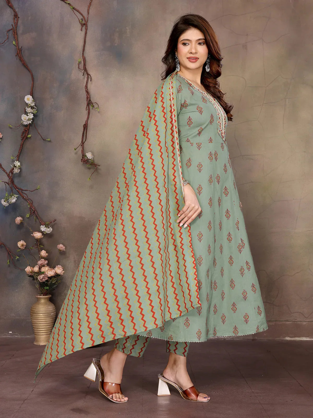Cotton Embroidered Anarkali Calf Length Kurta with Pant and Dupatta