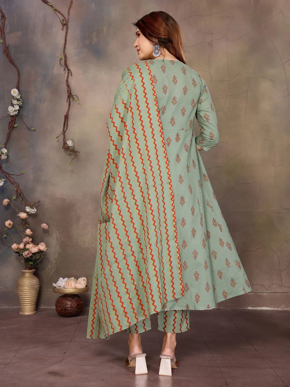 Cotton Embroidered Anarkali Calf Length Kurta with Pant and Dupatta