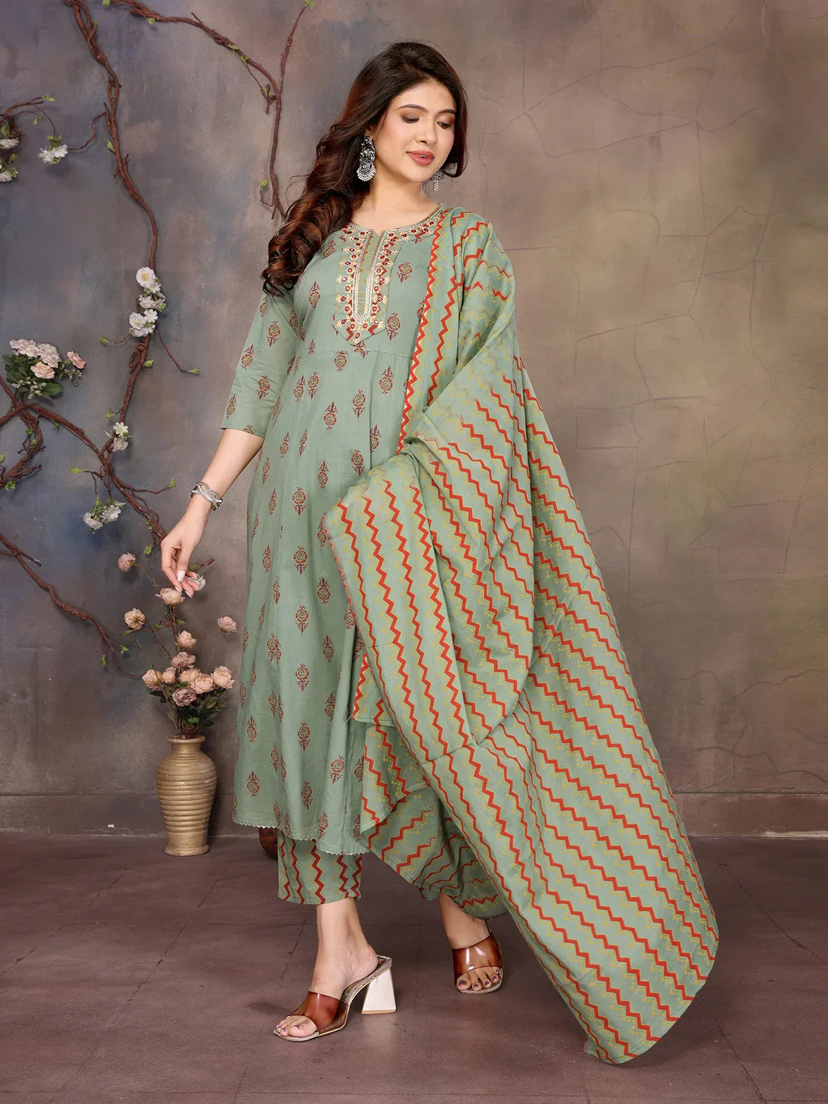 Cotton Embroidered Anarkali Calf Length Kurta with Pant and Dupatta