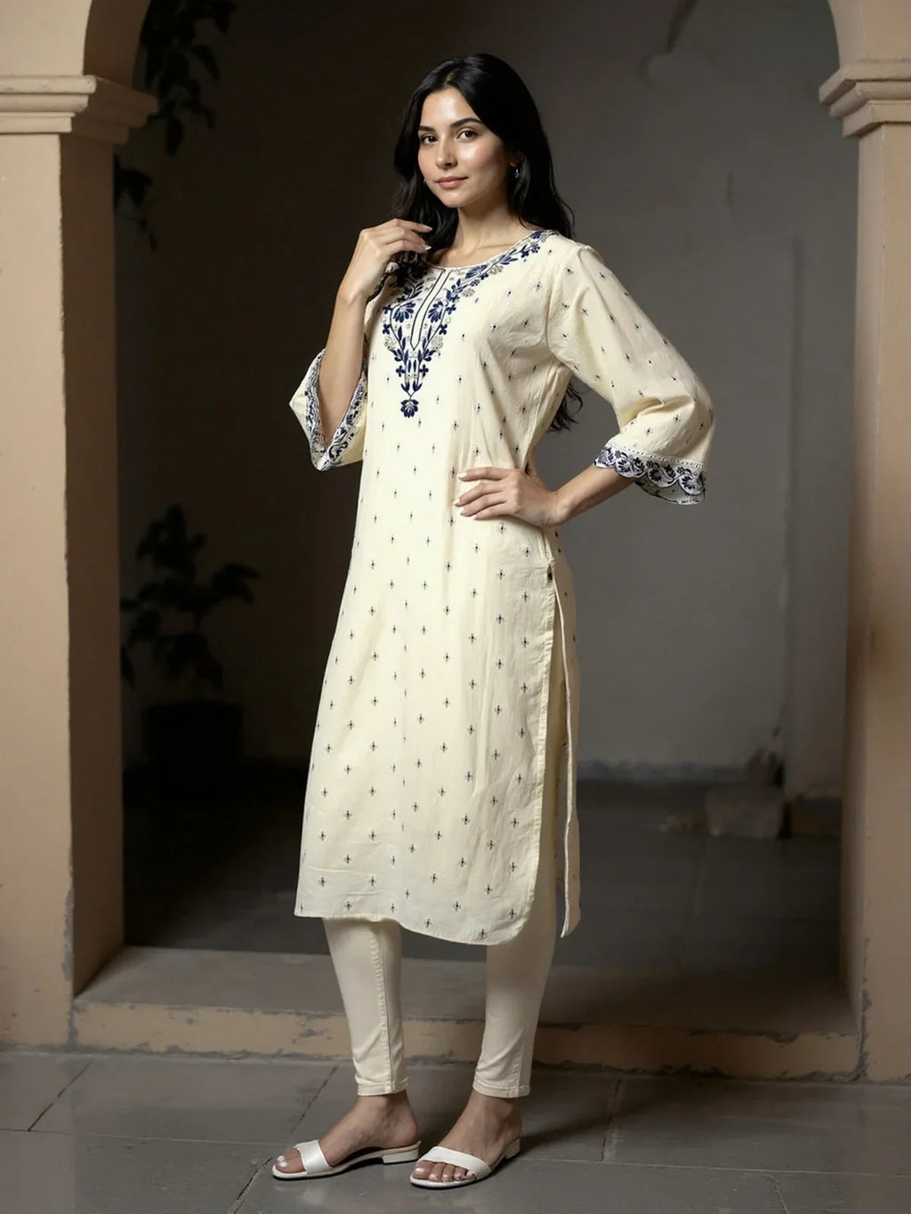 COTTON Embroidered Straight Calf Length Kurta