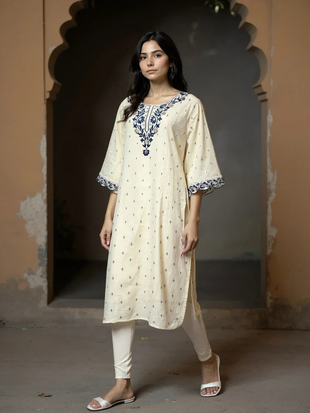 COTTON Embroidered Straight Calf Length Kurta