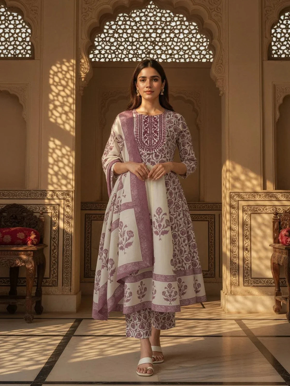 Cotton Embroidered Anarkali Calf Length Kurta and Pant with Dupatta