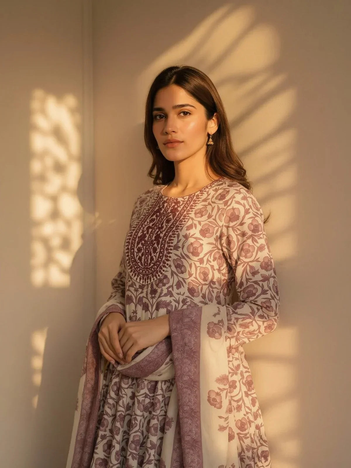 Cotton Embroidered Anarkali Calf Length Kurta and Pant with Dupatta