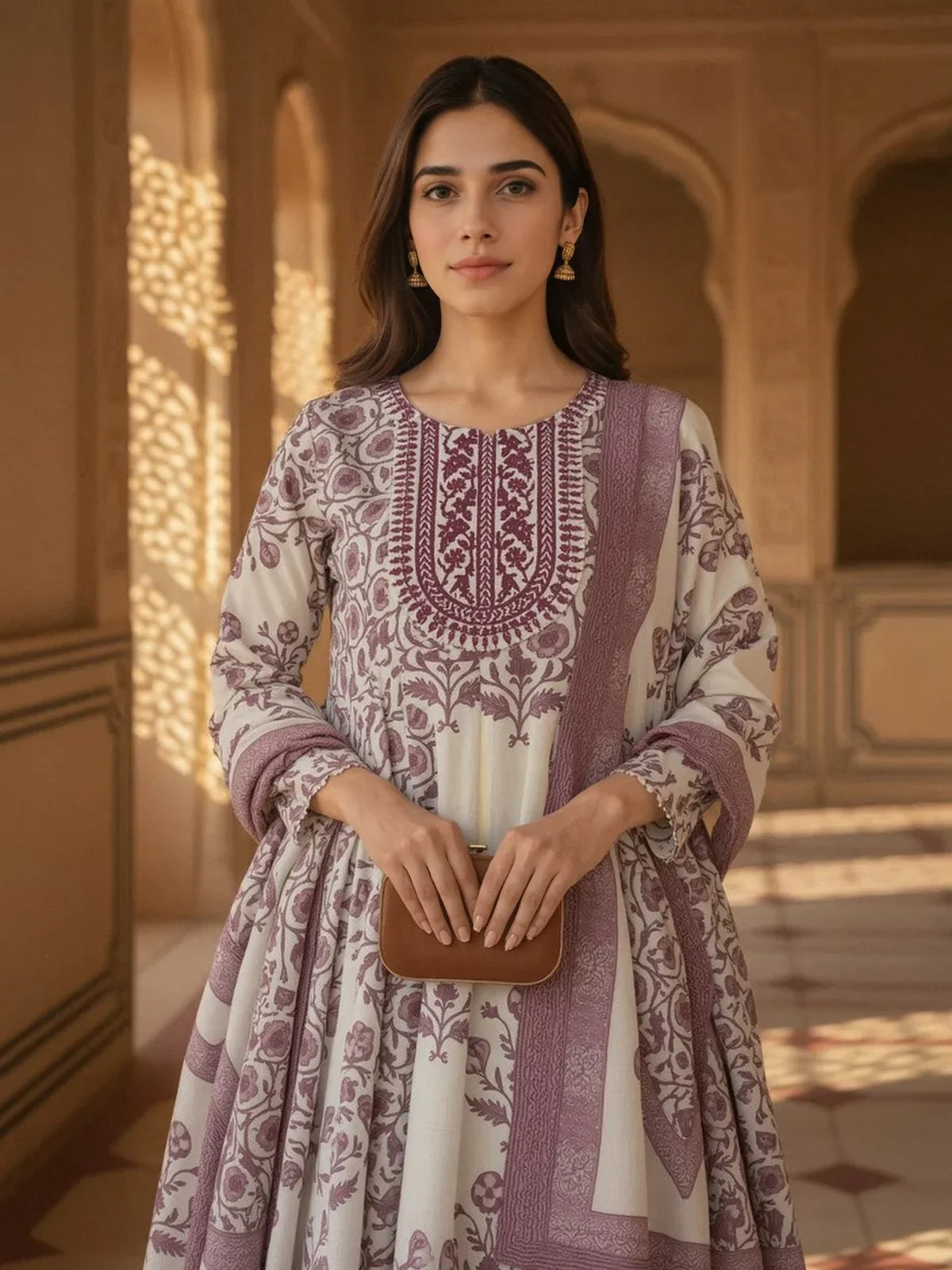 Cotton Embroidered Anarkali Calf Length Kurta and Pant with Dupatta
