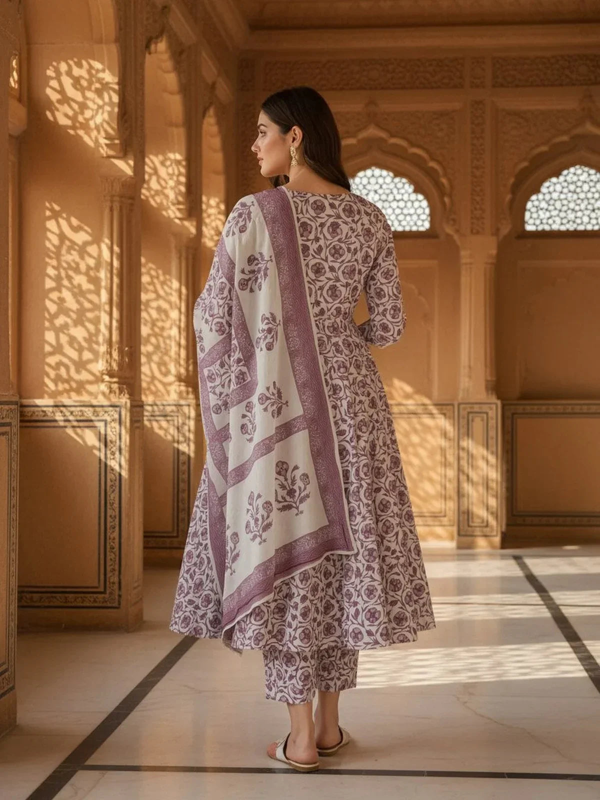 Cotton Embroidered Anarkali Calf Length Kurta and Pant with Dupatta