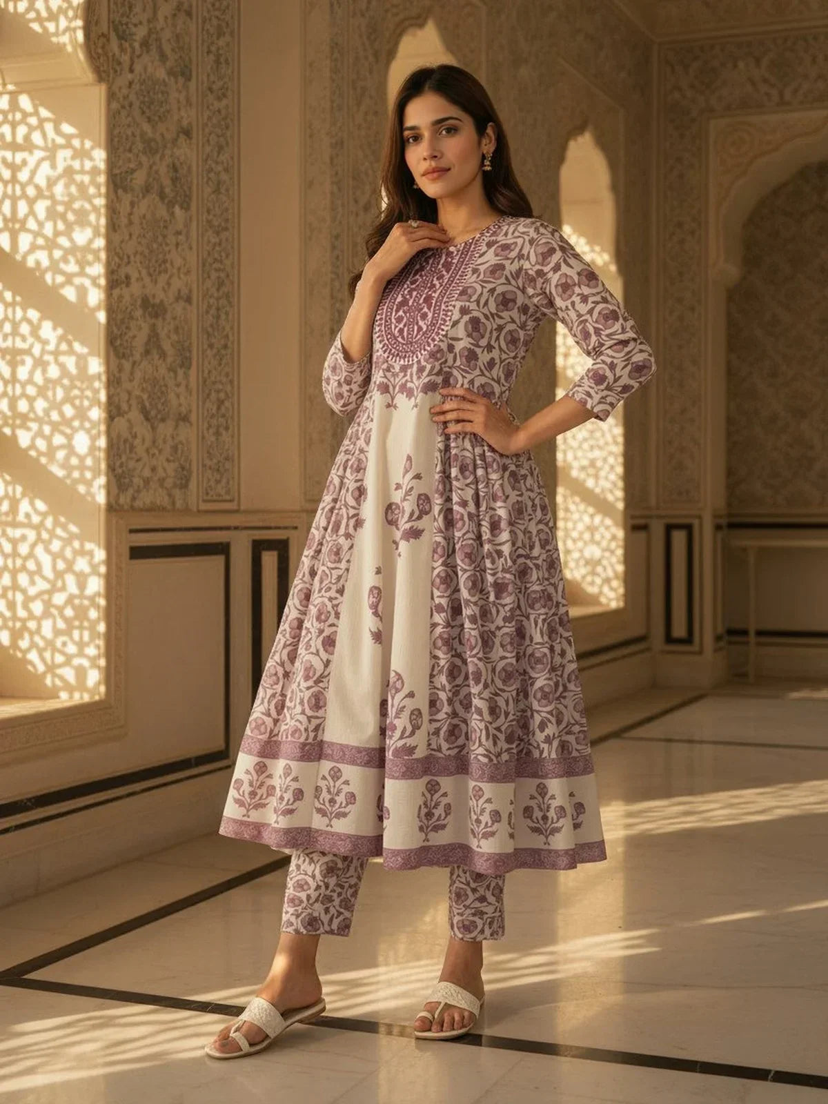 Cotton Embroidered Anarkali Calf Length Kurta and Pant with Dupatta
