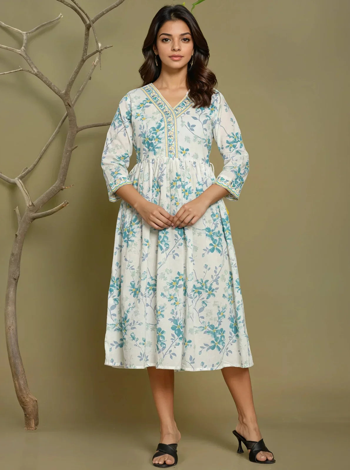 Cotton Embroidered Flared Calf Length Dress
