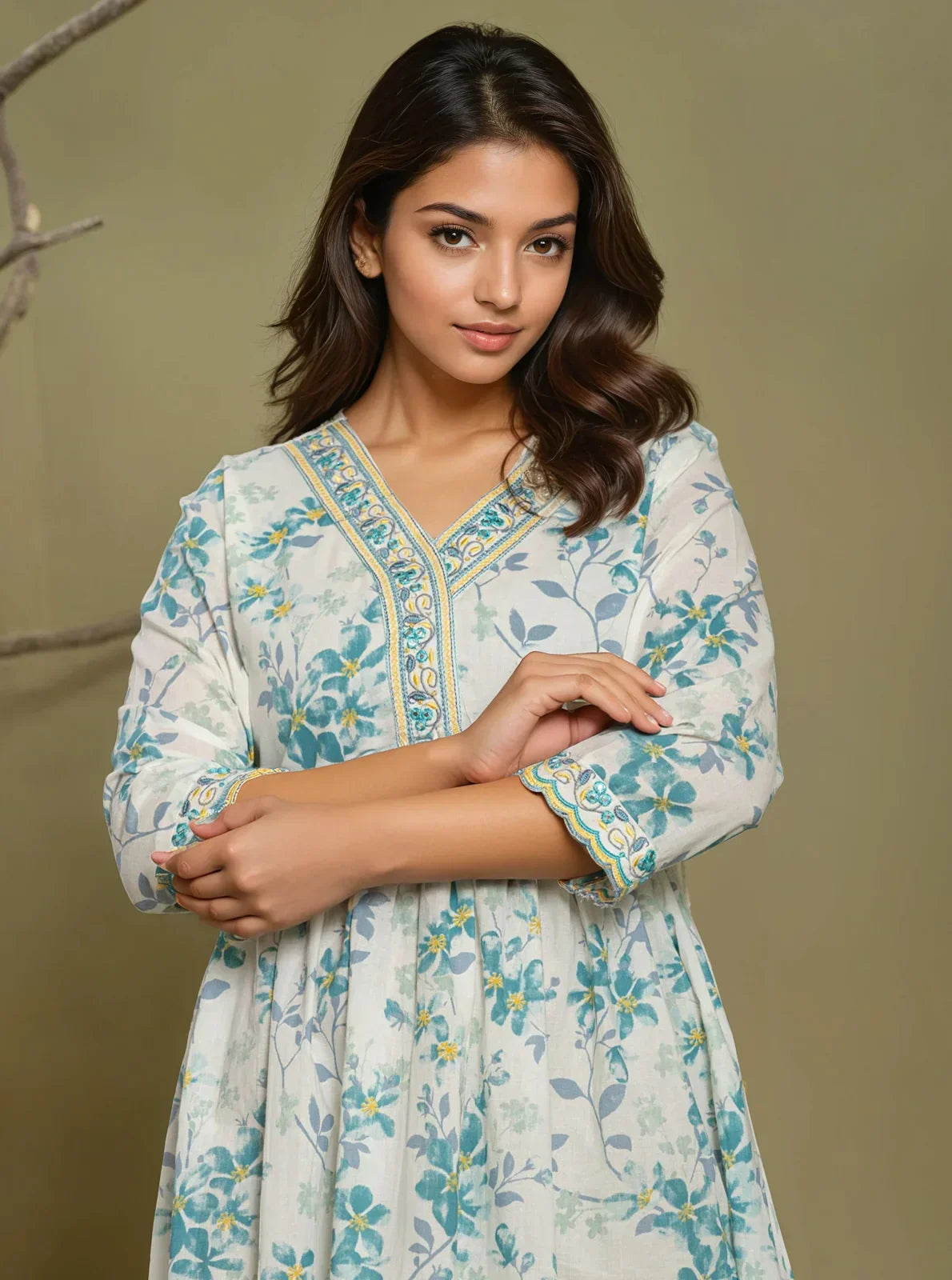 Cotton Embroidered Flared Calf Length Dress