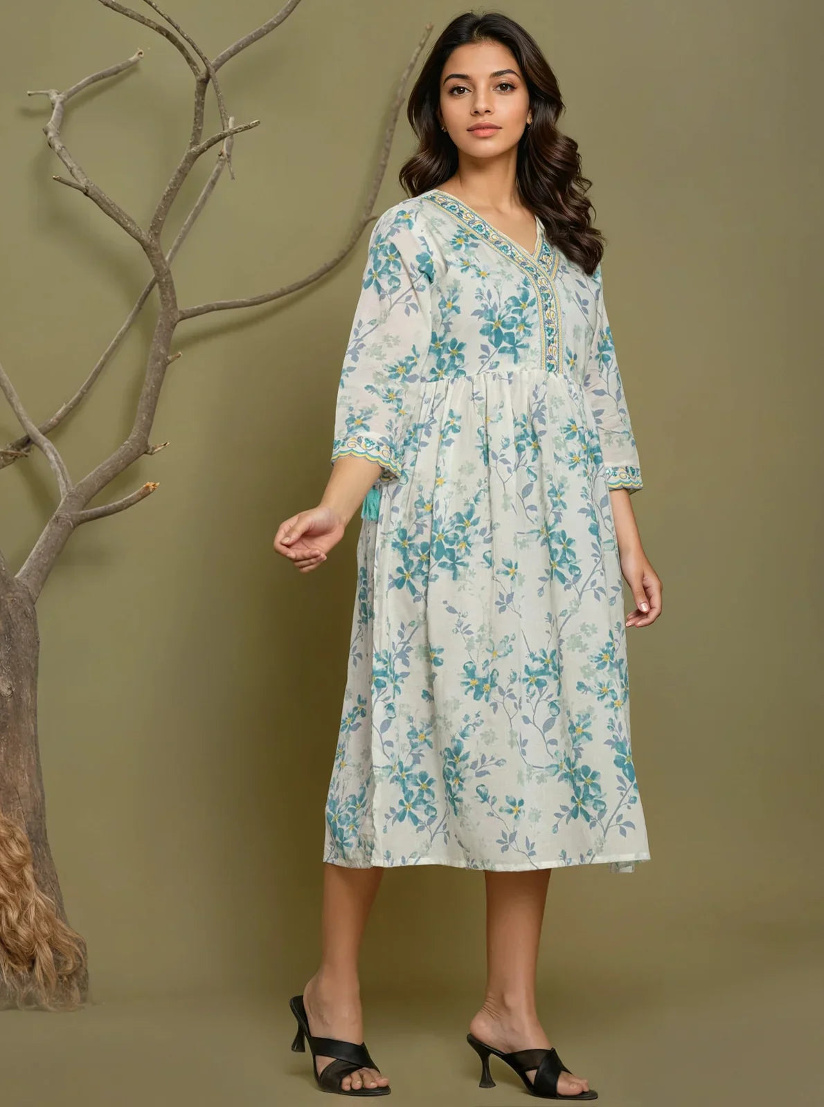Cotton Embroidered Flared Calf Length Dress