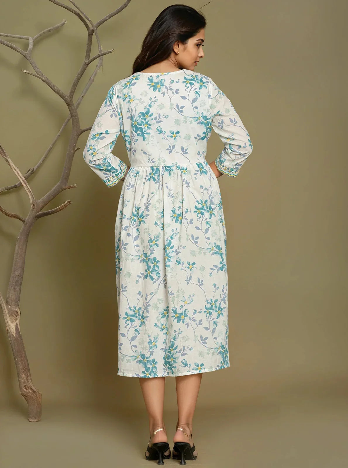 Cotton Embroidered Flared Calf Length Dress