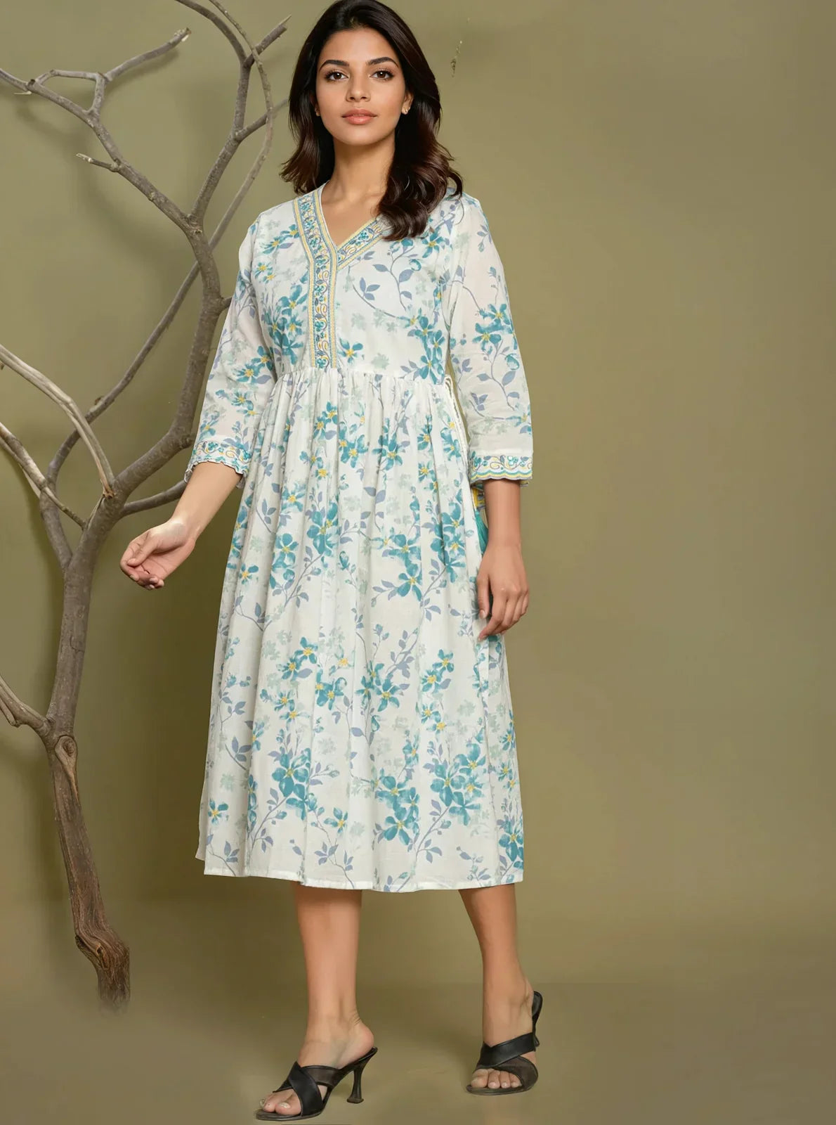 Cotton Embroidered Flared Calf Length Dress