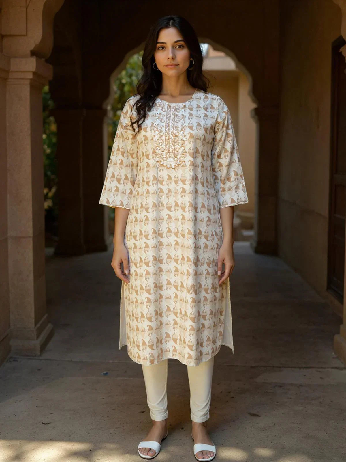 Cotton Embroidered Straight Calf Length Kurta