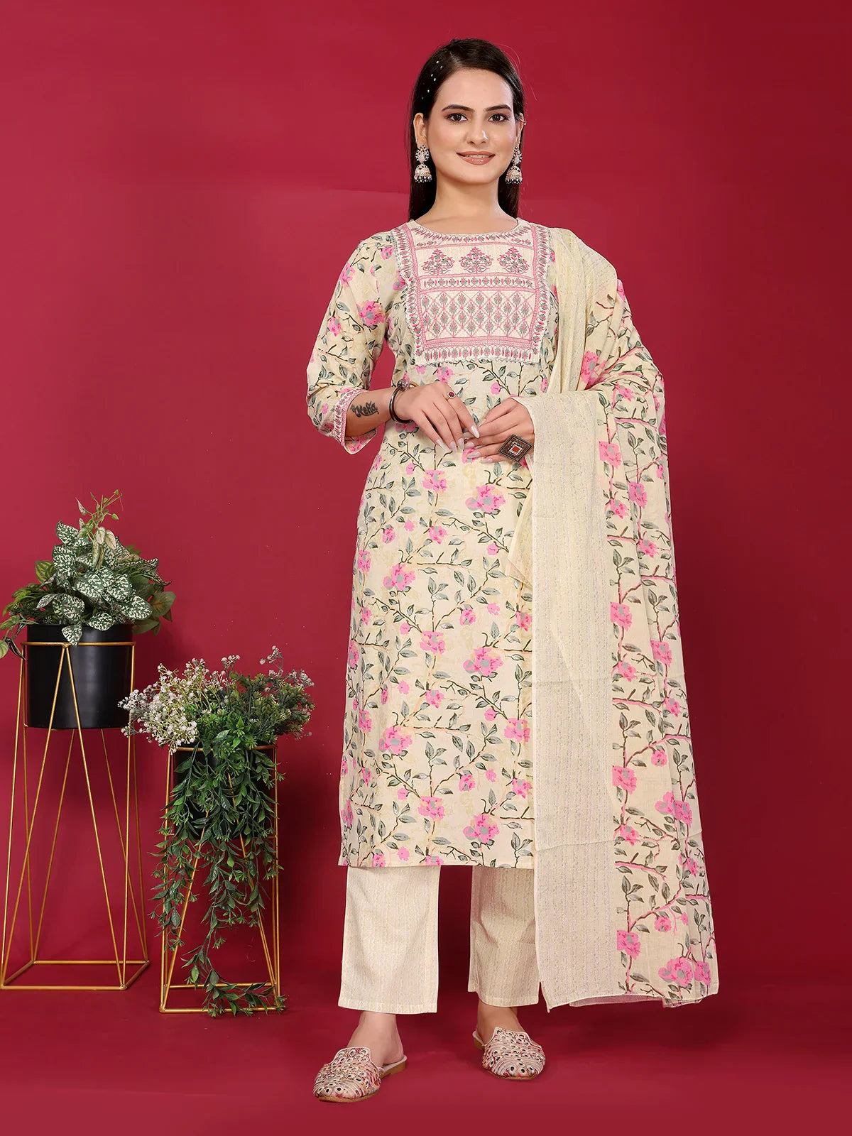 Cotton Embroidered Straight Calf Length Kurta with Pant and Dupatta