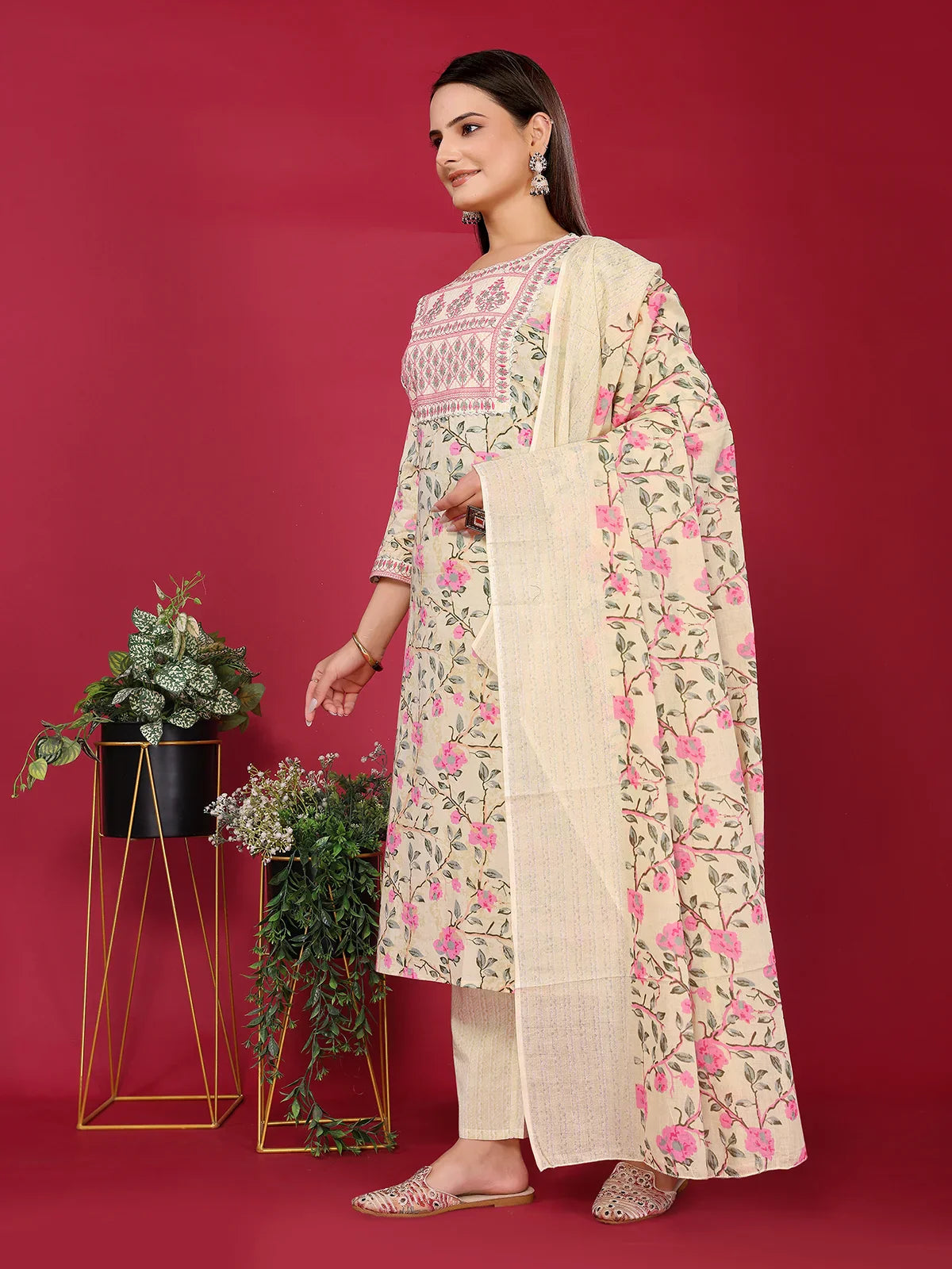 Cotton Embroidered Straight Calf Length Kurta with Pant and Dupatta