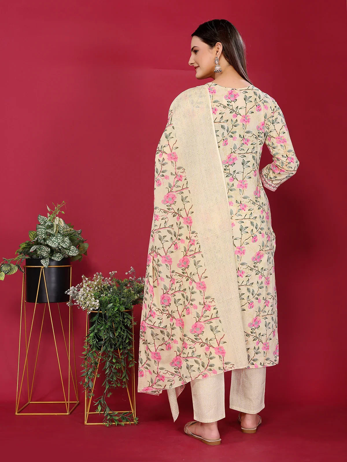 Cotton Embroidered Straight Calf Length Kurta with Pant and Dupatta