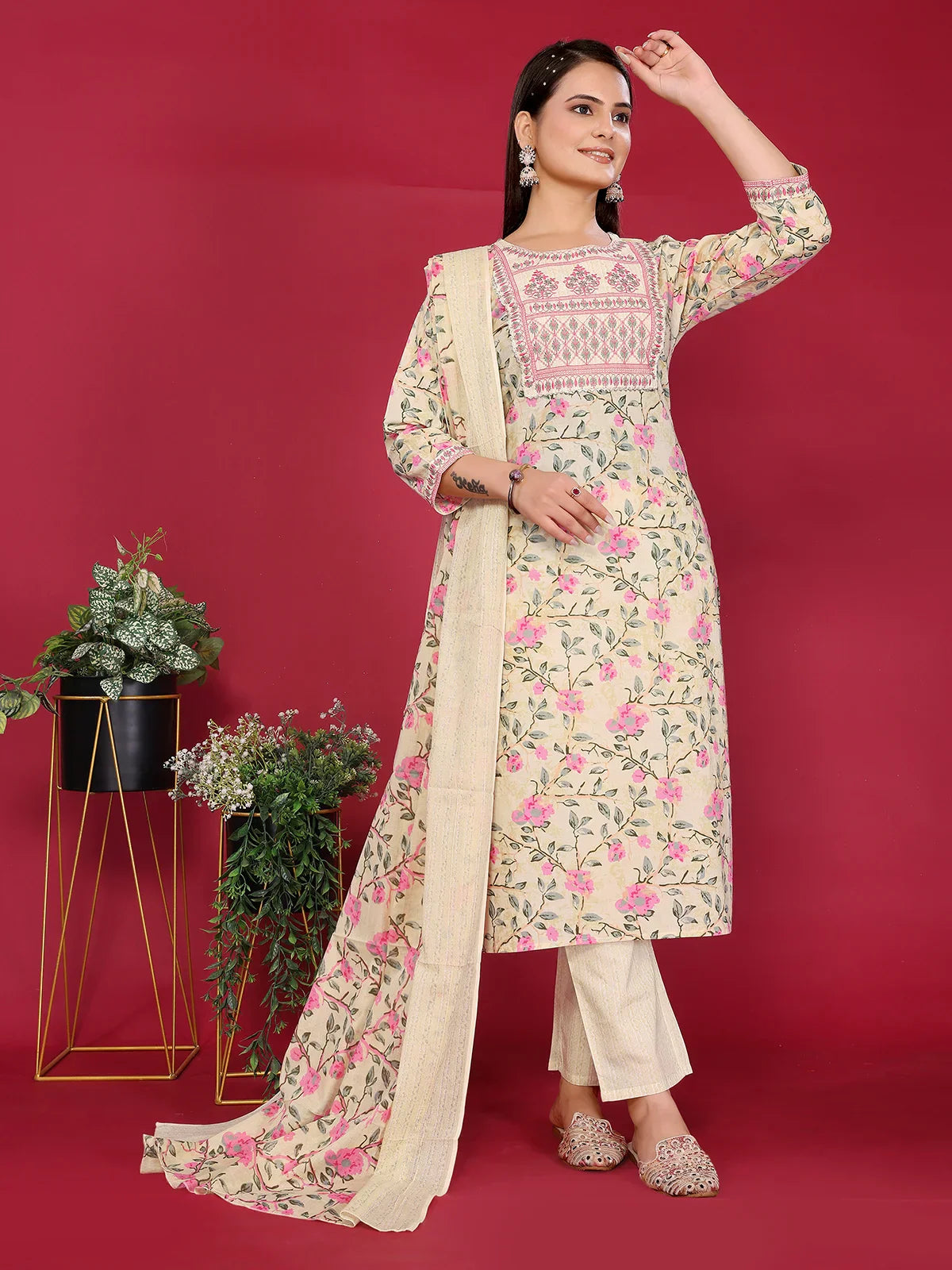 Cotton Embroidered Straight Calf Length Kurta with Pant and Dupatta