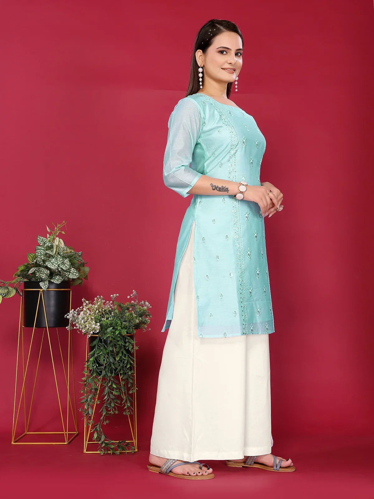 Chanderi Embroidered Straight Knee Length Kurta