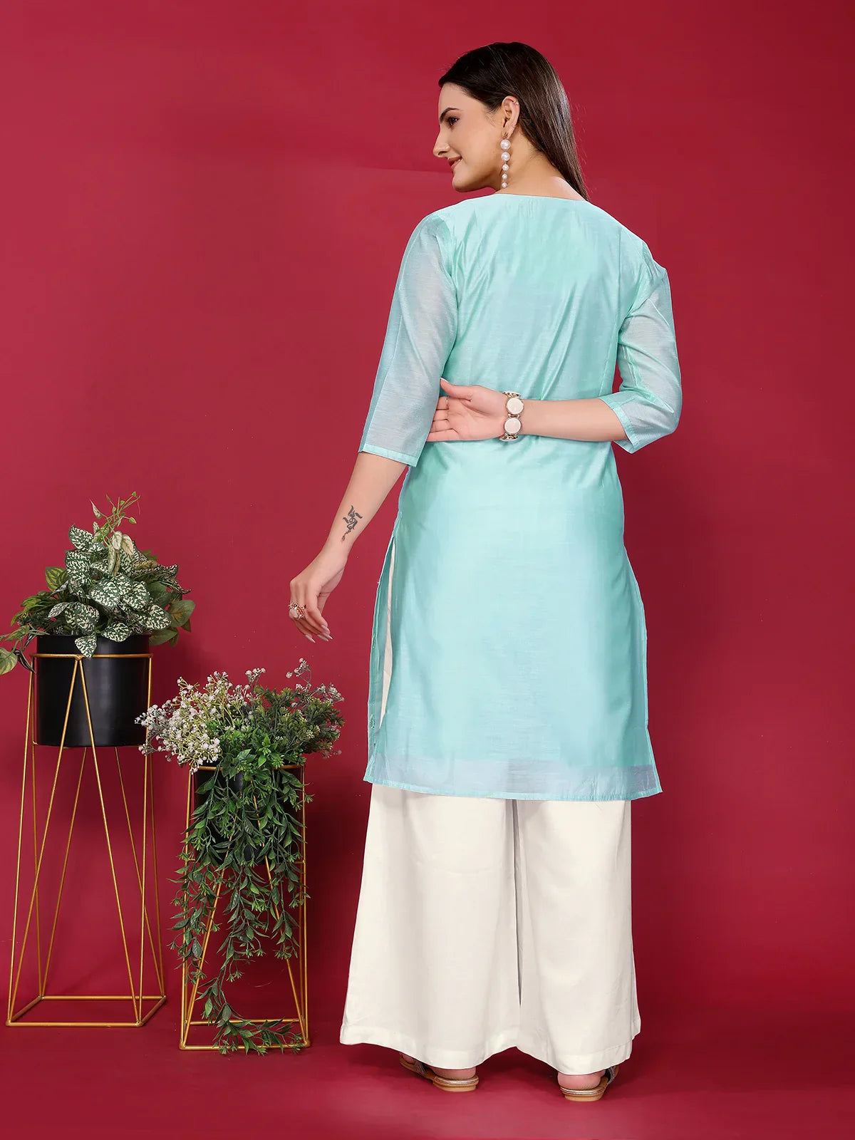 Chanderi Embroidered Straight Knee Length Kurta