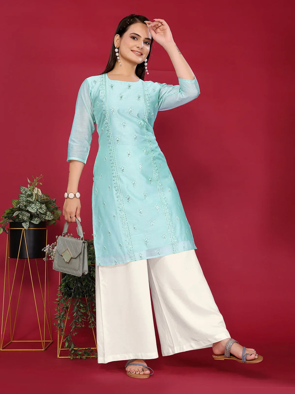 Chanderi Embroidered Straight Knee Length Kurta