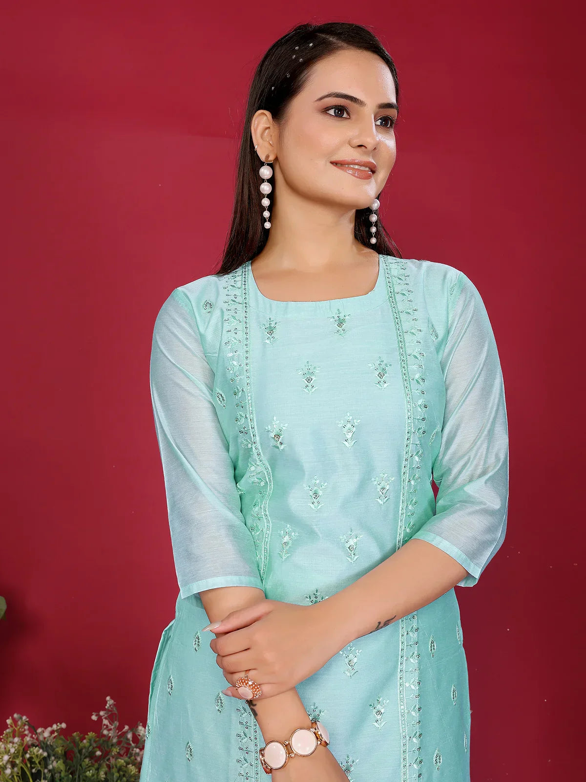 Chanderi Embroidered Straight Knee Length Kurta
