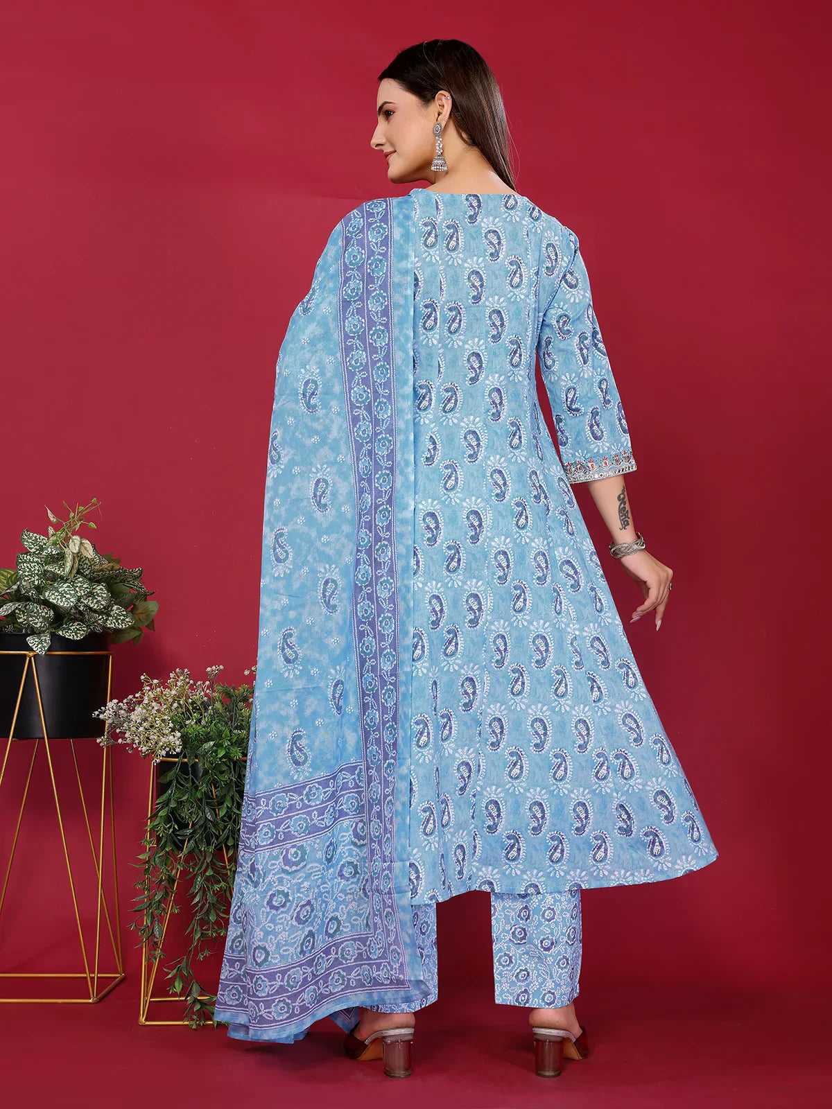 Cotton Embroidered Anarkali Calf Length Kurta with Pant and Dupatta