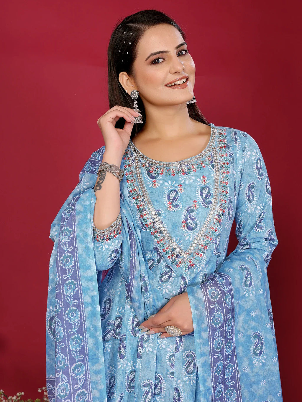 Cotton Embroidered Anarkali Calf Length Kurta with Pant and Dupatta