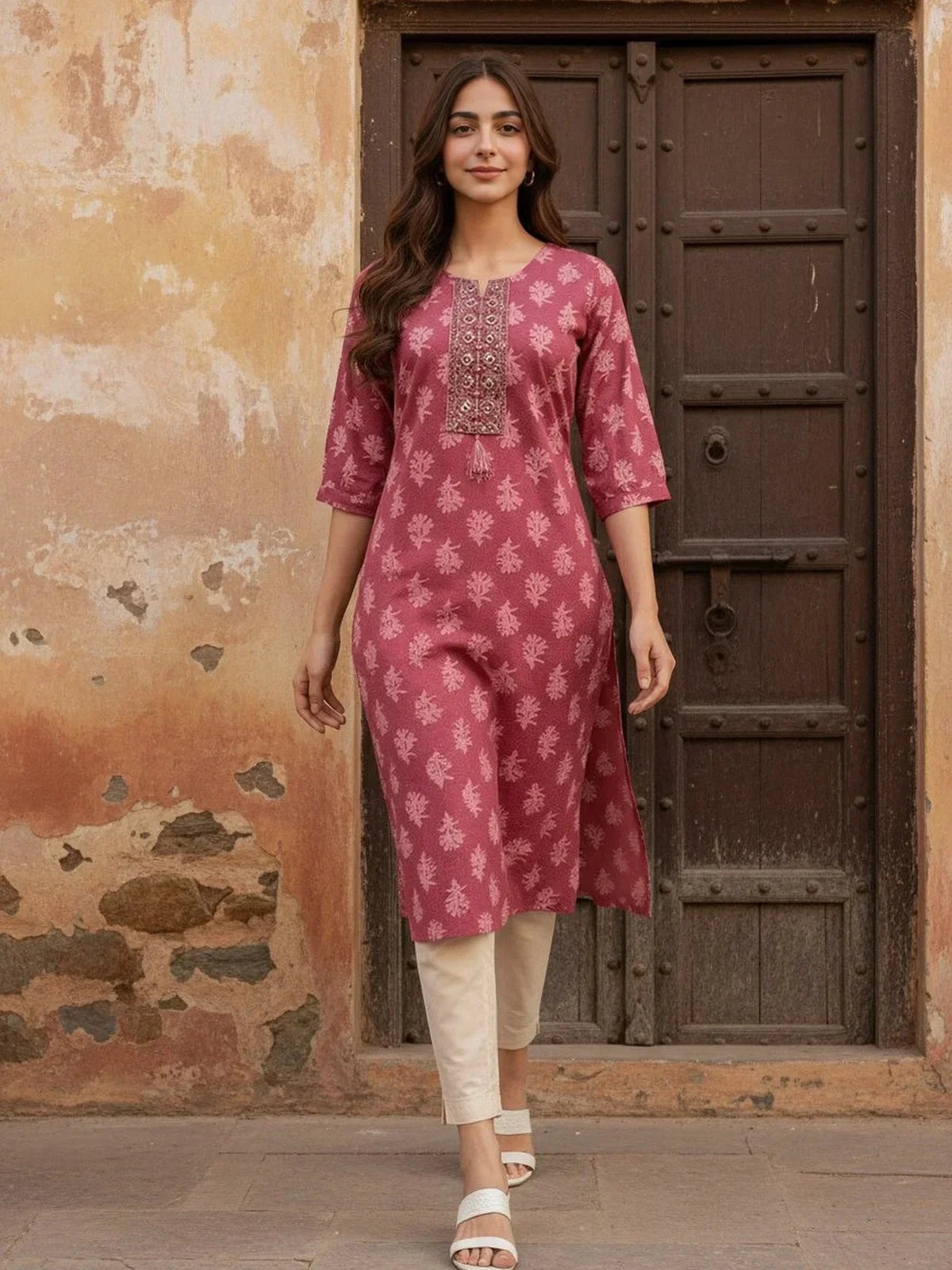 Cotton Embroidered Straight Calf Length Kurta
