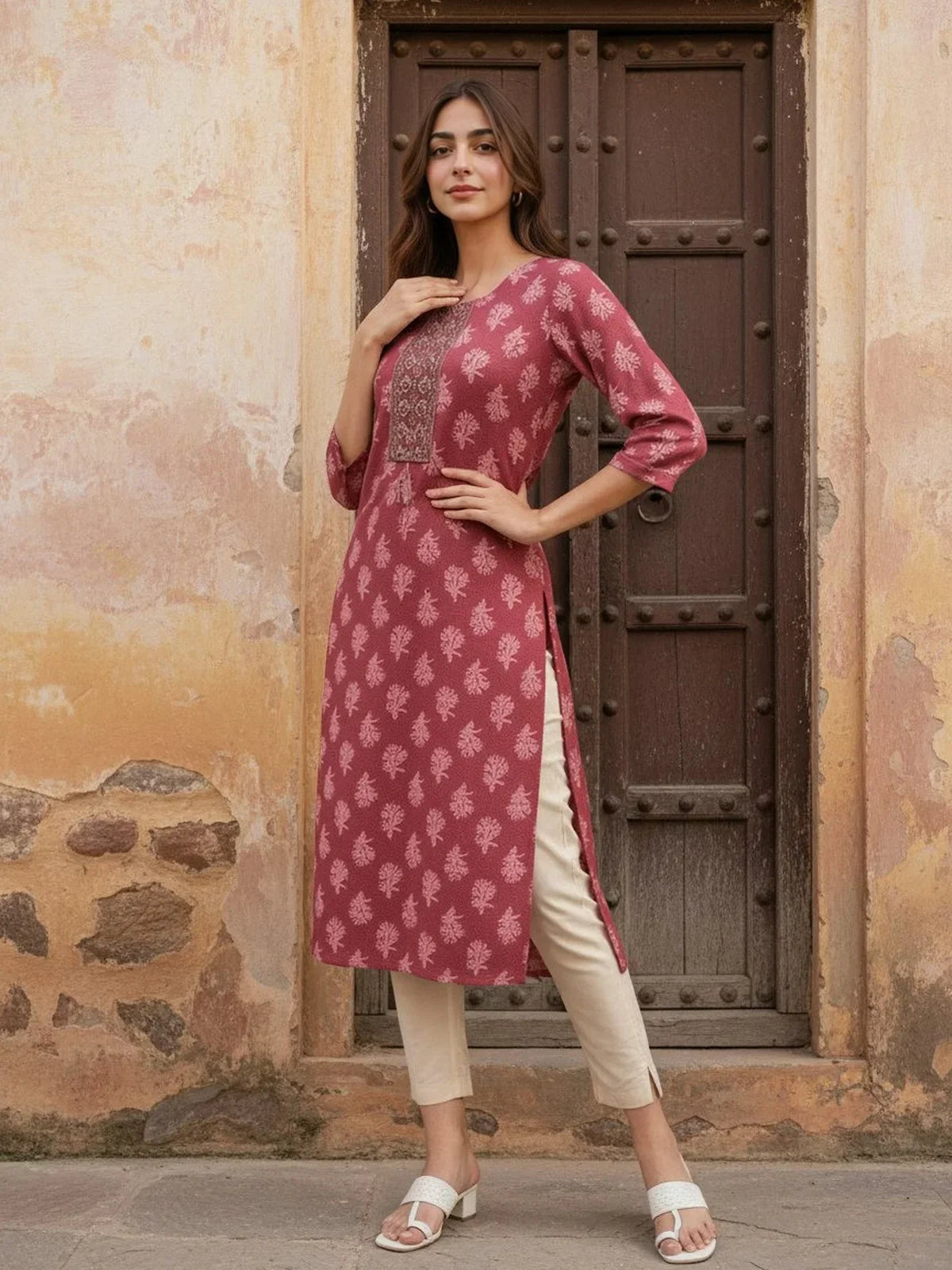 Cotton Embroidered Straight Calf Length Kurta